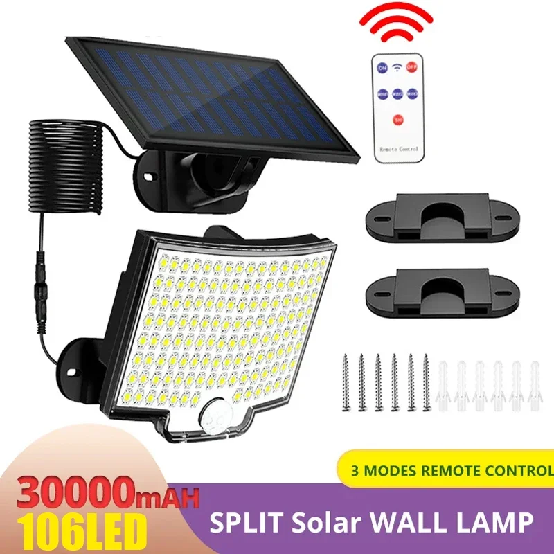 Impermeável Split Solar Lamp, Decoração ao ar livre, Luz solar da parede, PIR Motion Sensor, Jardim e Garagem Lâmpada, 3 modos de iluminação, 106LED