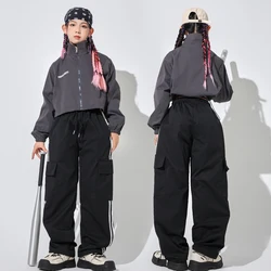 Kids Kpop Hip Hop Clothing Windbreaker Pullover Jacket Crop Top Streetwear Cargo Pants for Girls Boys Jazz Dance Costume Clothes