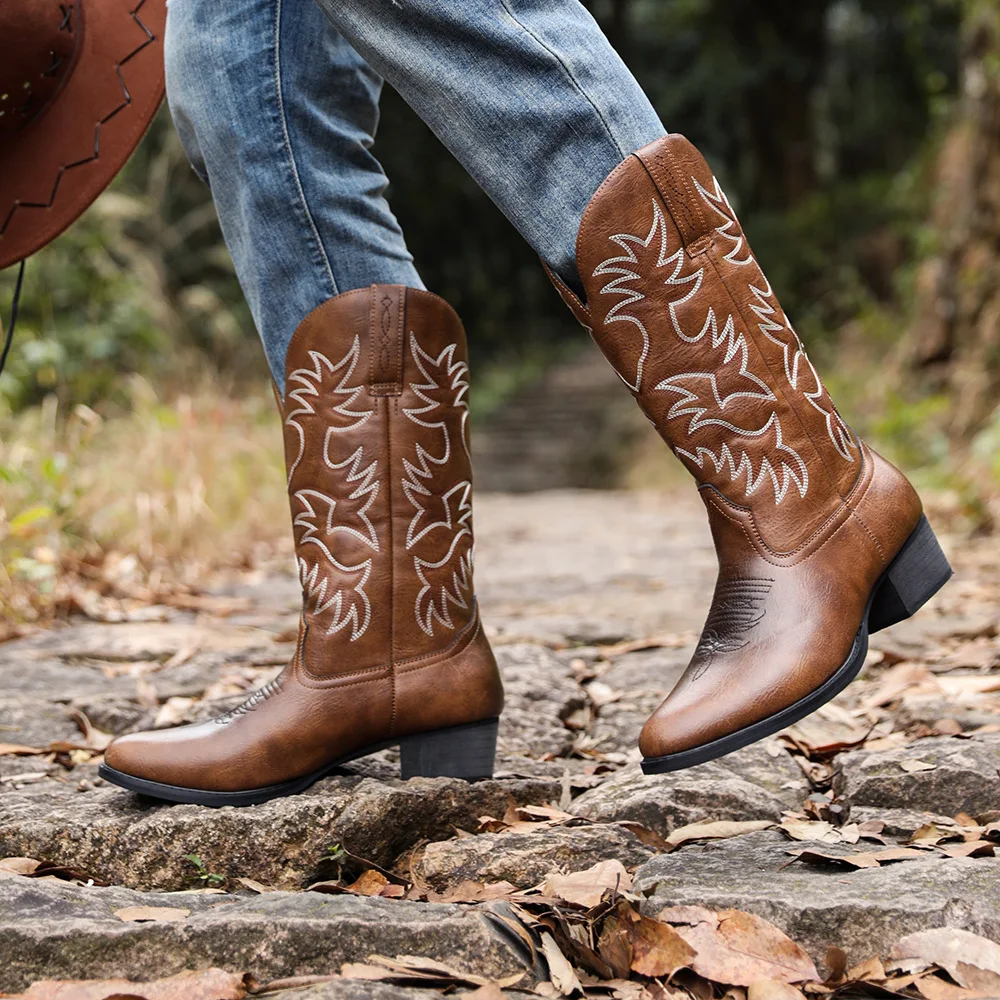 Mężczyźni Boot 2025 Mid Calf Western Cowboy Motorcycle Boots Male Autumn Outdoor PU Leather Totem Med Heel Fashion Designed Men Boots — zdjęcie 7