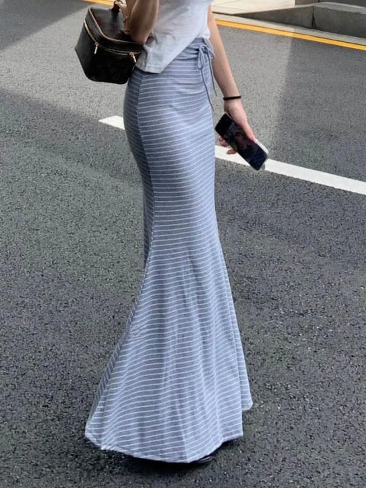 Slimming Striped Fish Tail Half Skirt by 51STUDIO LM070 High Waist Commute Style PVC Fabric Citywalk Suitable Other Material