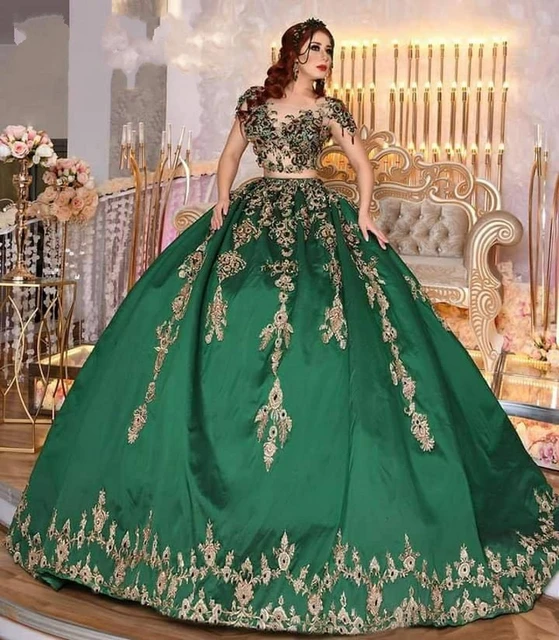 Emerald Green Turkish Caftan Wedding Dresses Two Pieces Gold Lace Applique Tunisienne Indian Bridal Gown with Chapel Train AliExpress