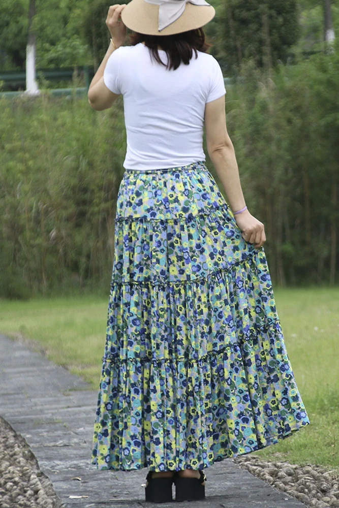 Free Shipping 2022 New Fashion Long Maxi A-line Elastic Waist Women Summer Spring S-2XL Cotton Linen Print Big Hem Skirts