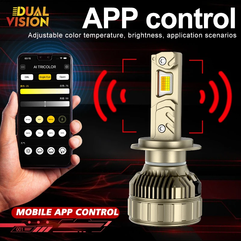 

2pcs H4 Tri color APP Control Dual Hosting LED Headlights H1 H7 H11 9005 9006 HB3 HB4 6500K 4300K 3000K For Car Headlights Light