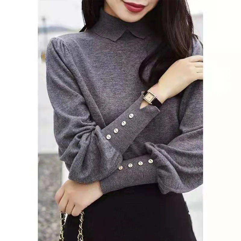 Women Clothing Exquisite Button Puff Sleeve Sweater Autumn Winter Office Lady Elegant Solid Tops Loose Simplicity Knitwear