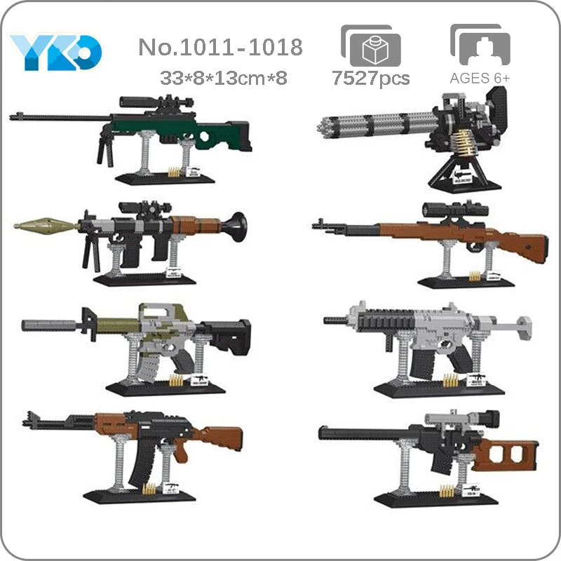 YKO AK47 Assalut Rifle Sniper Gun Gatling Rocket Weapon With Display Rack 3D Mini Diamond Blocks Bricks Building Toy Gift No Box