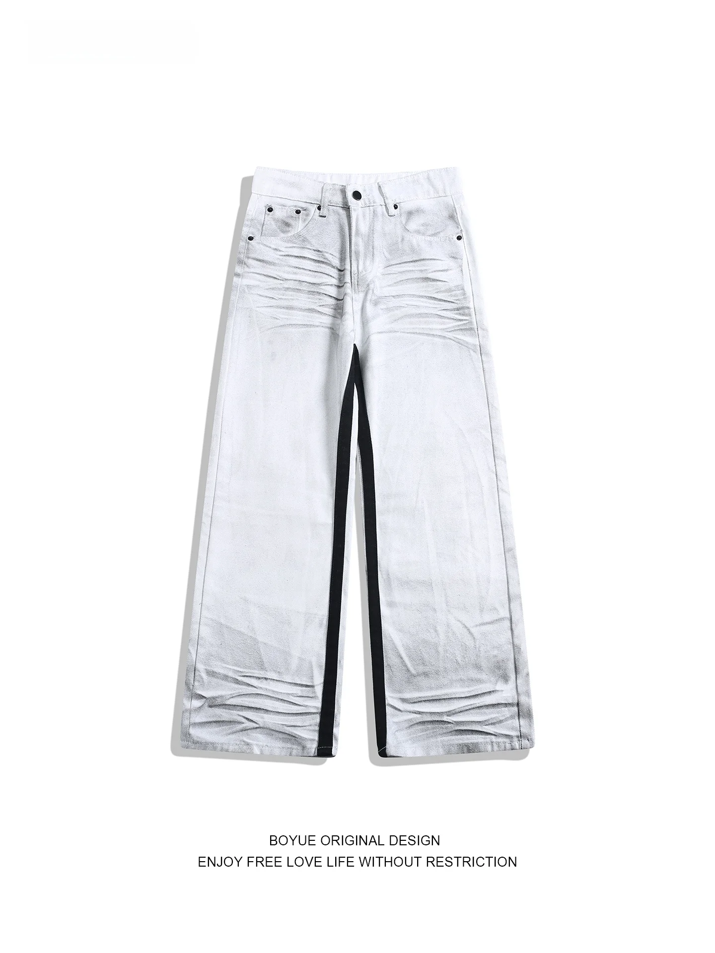 

Boyue American Retro Distred Jeans Men's Women's High Street Feng ui Wa Wide Leg Straight Tube Long Trousers Trendy