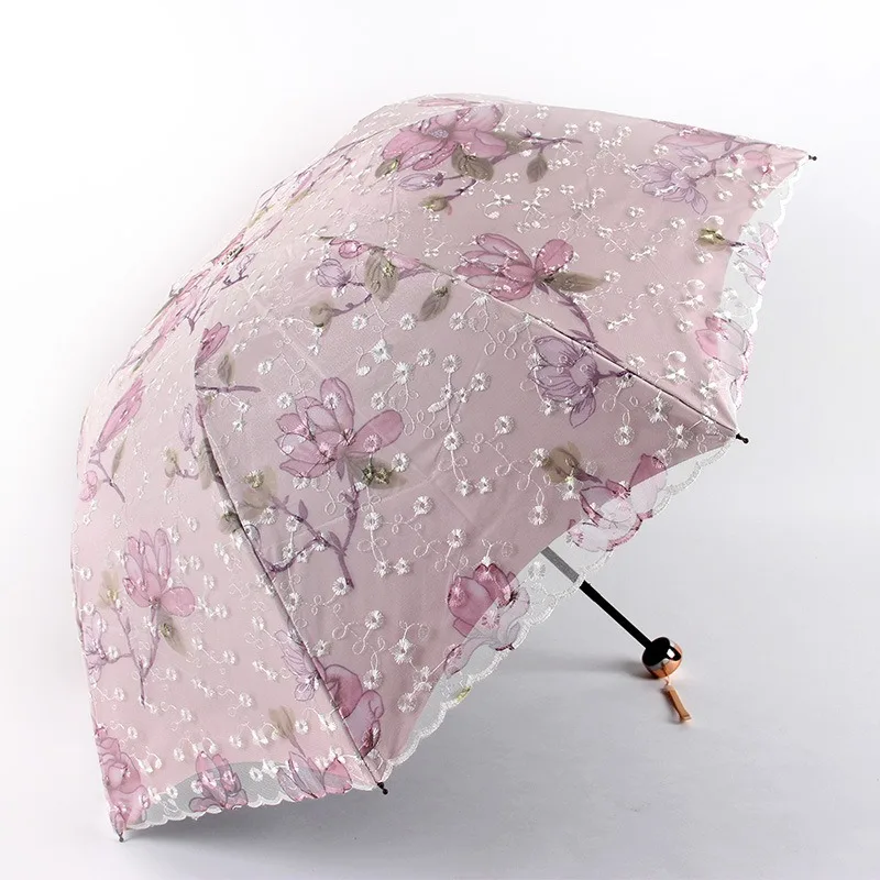 三つ折り晴雨兼用傘-二層レース刺繍傘-収納傘-日よけ傘-ギフト傘
