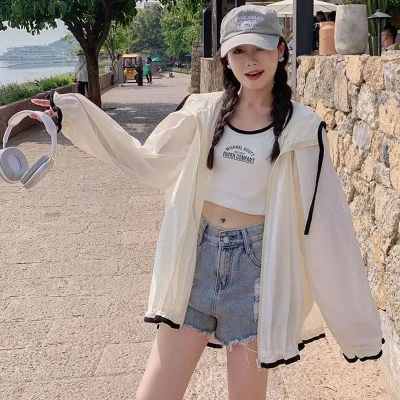 Summer Waterproof Sun Protection Jacket, Women Thin Hooded Patchwork Coat, Korean Fashion Long Sleeve Sun-proof Streetwear Tops