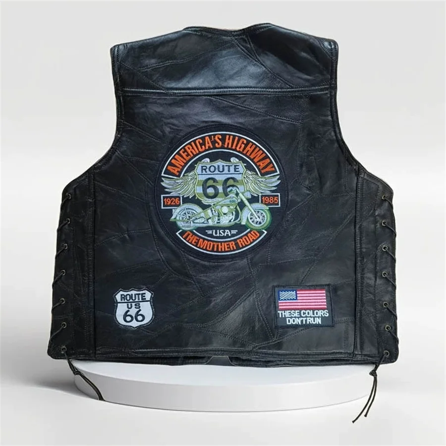 

Motorbike Embroidered Men Leather Vest Punk Sleeveless Jacket Motorcycle Riding Biker Waistcoat Men's Clothing Black Streetwear