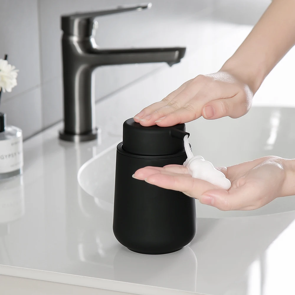 Matte Black Foaming Hand Soap Dispenser Plastic 11oz - Modern Minimalist Style for Bathroom & Kitchen Countertop Refillable