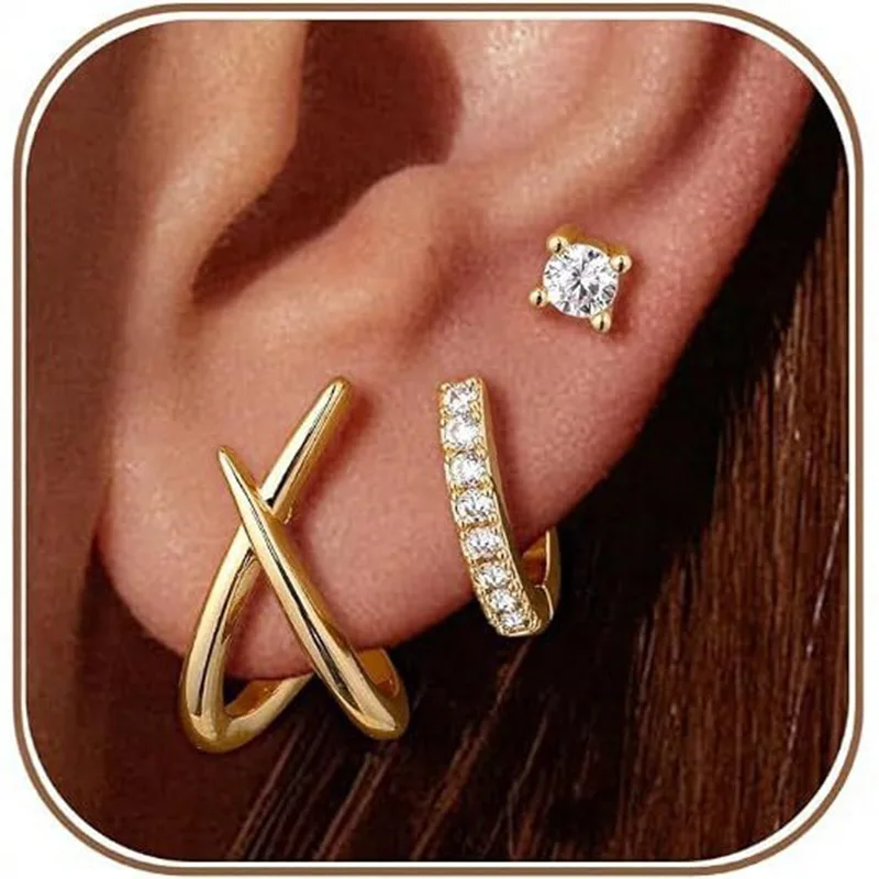 Gold Silver Color CZ Stud Huggie Hoop EarringsSet Women 3Pcs Cross Pave Solitaire DaintyStackable Fashion Jewelry Gift