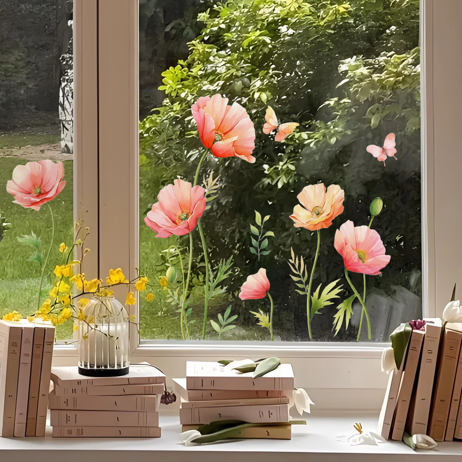 Watercolor Poppy Wall Decal, Soft Pink & Peach Poppy Flowers with Butterflies and Greenery Vinyl Wall Sticker for Home Decor