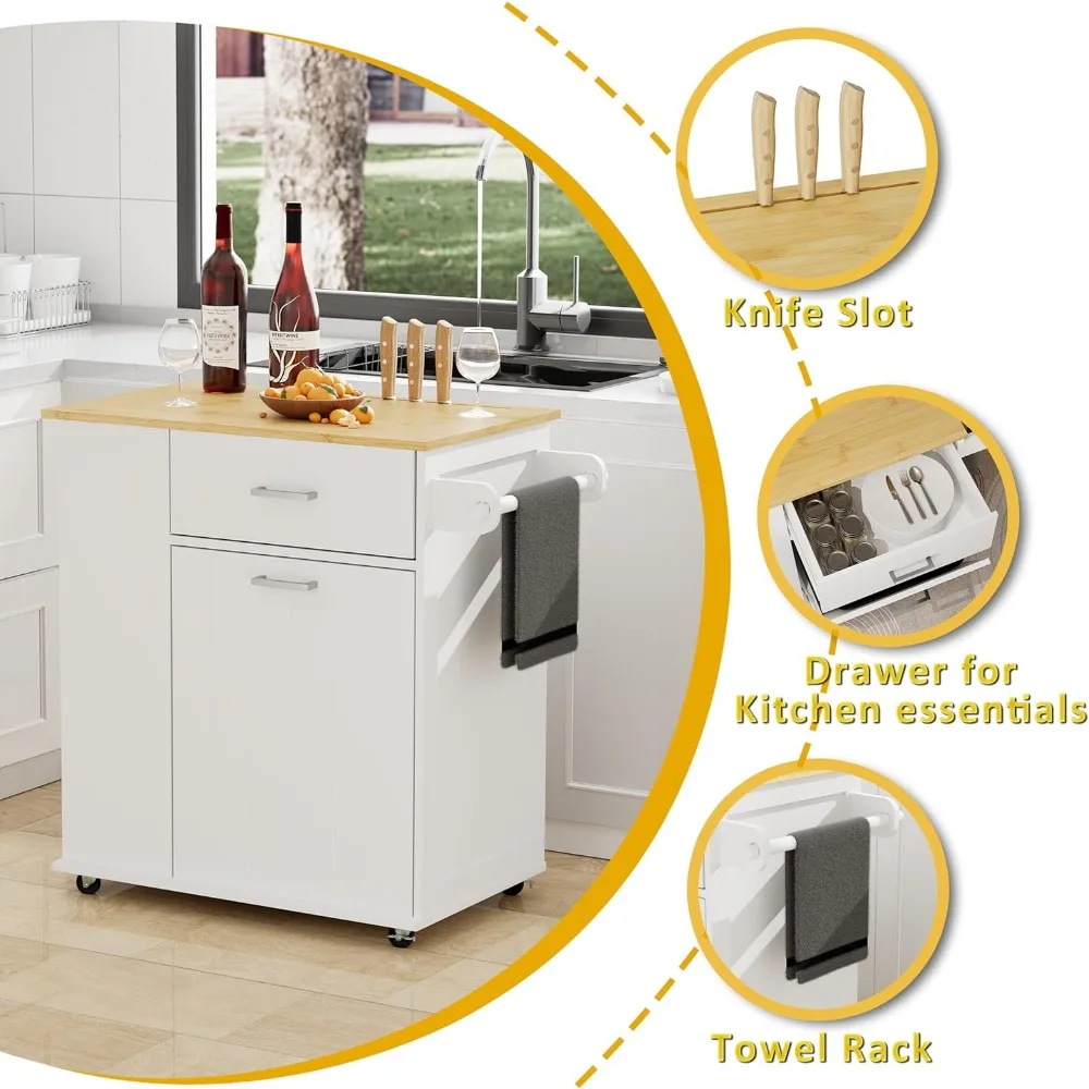 جزيرة المطبخ المتداول مع تخزين سلة المهملات، جزيرة المطبخ المحمولة على عجلات مع رف المناشف ورف التوابل، كاليفورنيا القابلة للإمالة
