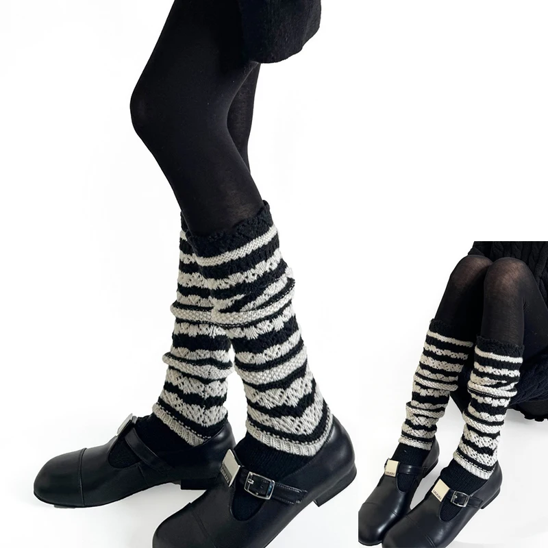 Autumn Winter Wool Warm Socks Women Color Blocking Knitted Stockings Versatile Warm Cute Loose Calf Striped Princess Socks