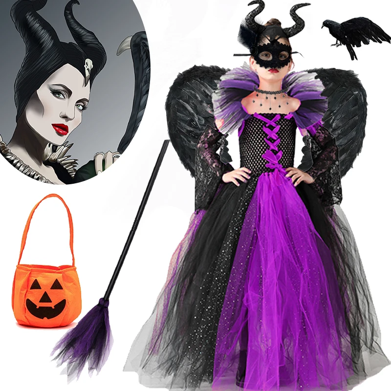 

Maleficent Halloween Costume Dress for Girls Handmade Mesh Tutu Dress 2024 Fancy Black Glam Ball Gown Kids Demon Witch Clothing