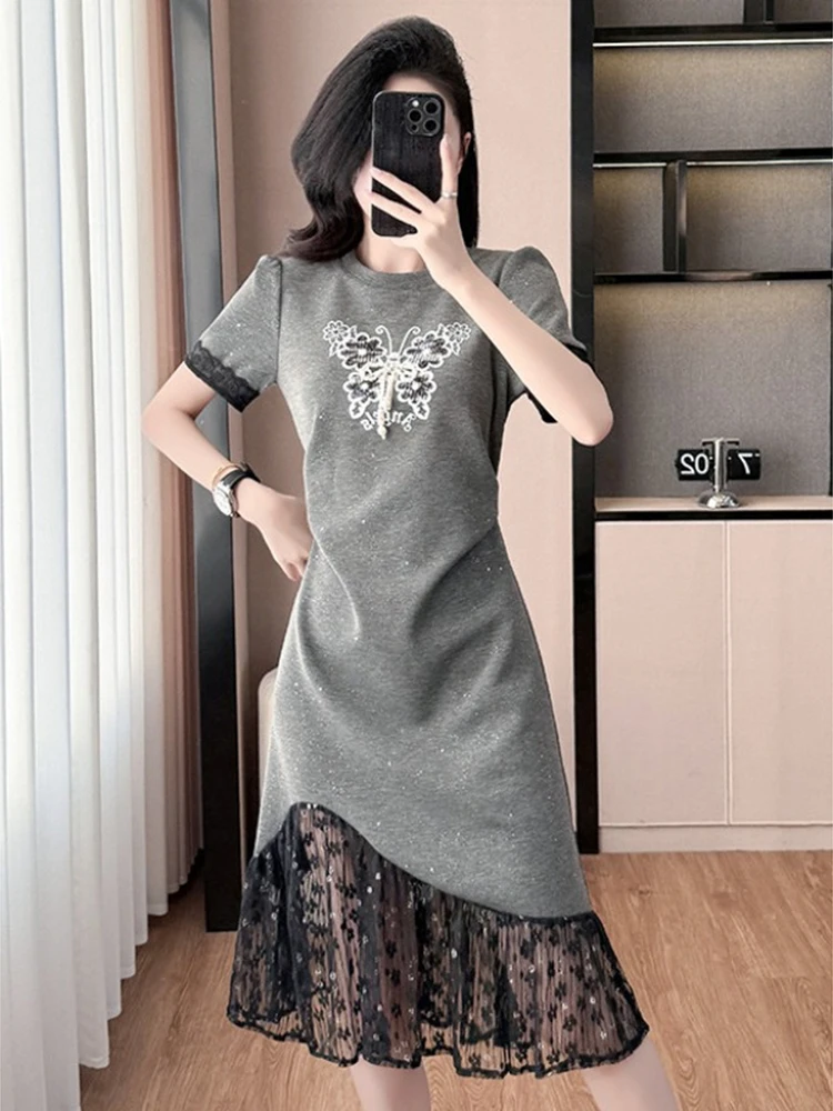Large size light luxury butterfly lace patchwork heavy industry T-shirt skirt fat mm summer pleated slimming casual dress