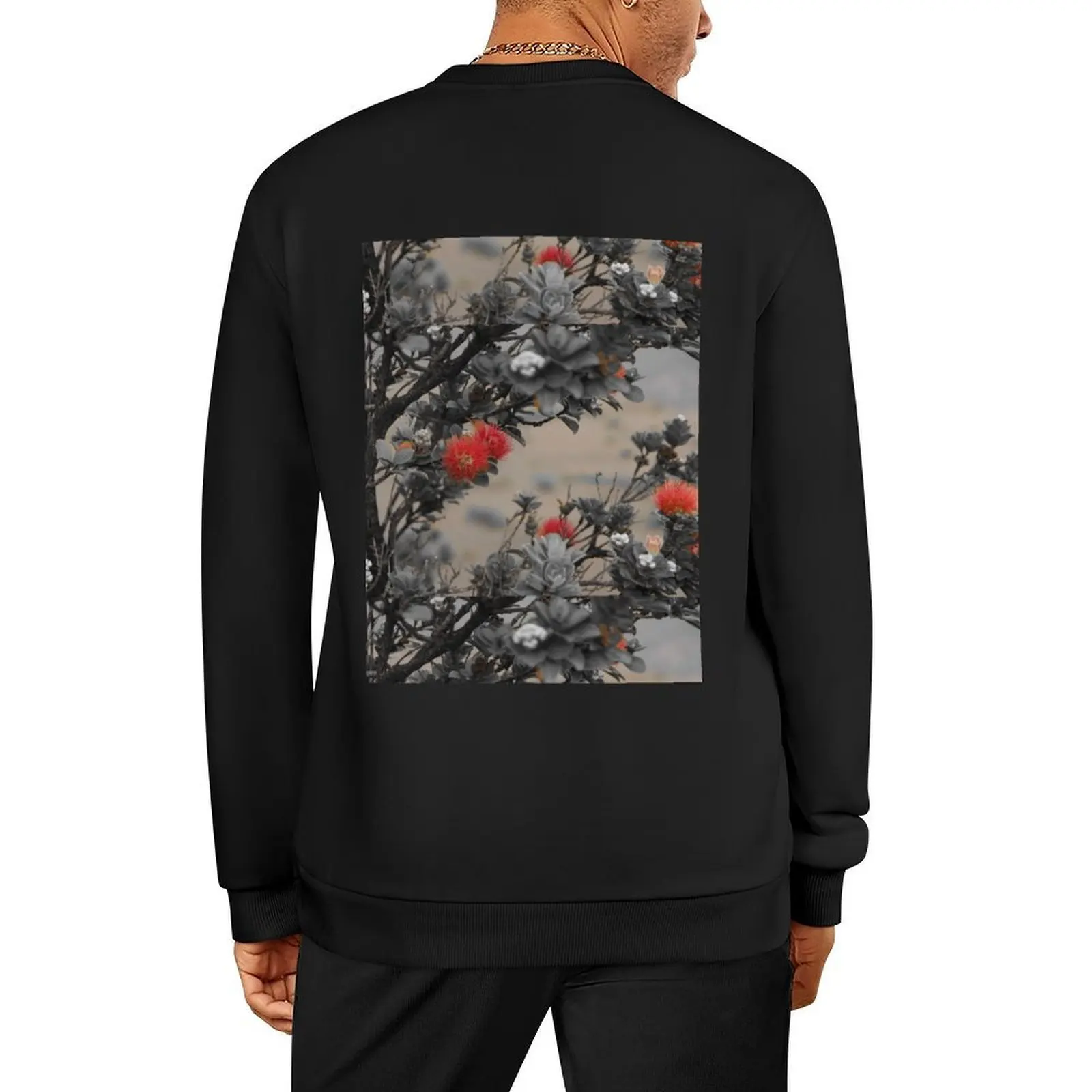 

Black and White Beautiful Red Hawaiian Flower Ohi'a Lehua From Big Island Hawaii Pullover anime clothes men's sweatshirts