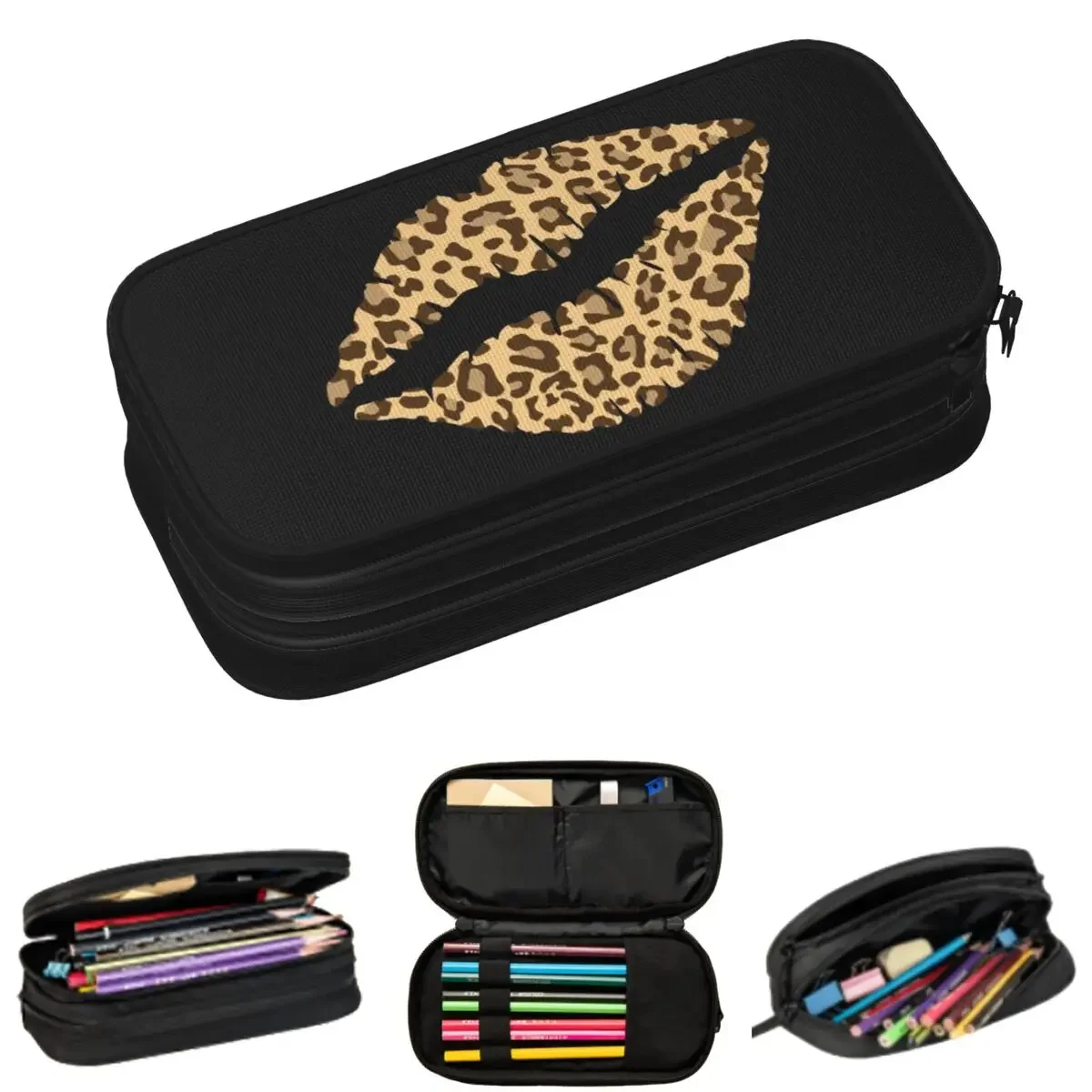 

Leopard Print Lips Pencil Cases for Students Gifts Pen Box Pencil Bag Large Capacity Pencil Pouch Storage Stationery Supplies