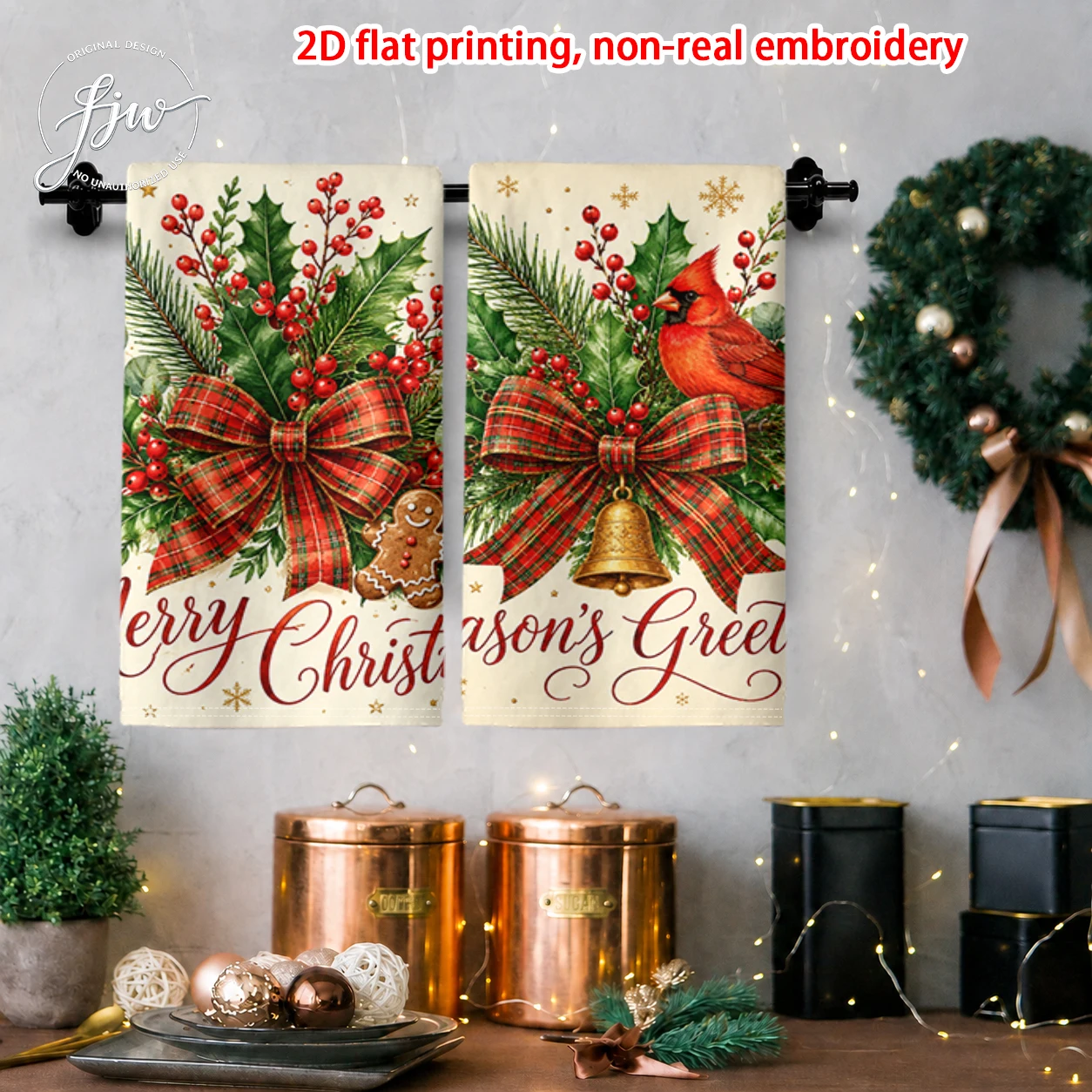 2pcs Christmas Kitchen Towels Set of 2 Vintage Holiday Decorative Dish Towels for Xmas Winter Home Decoration