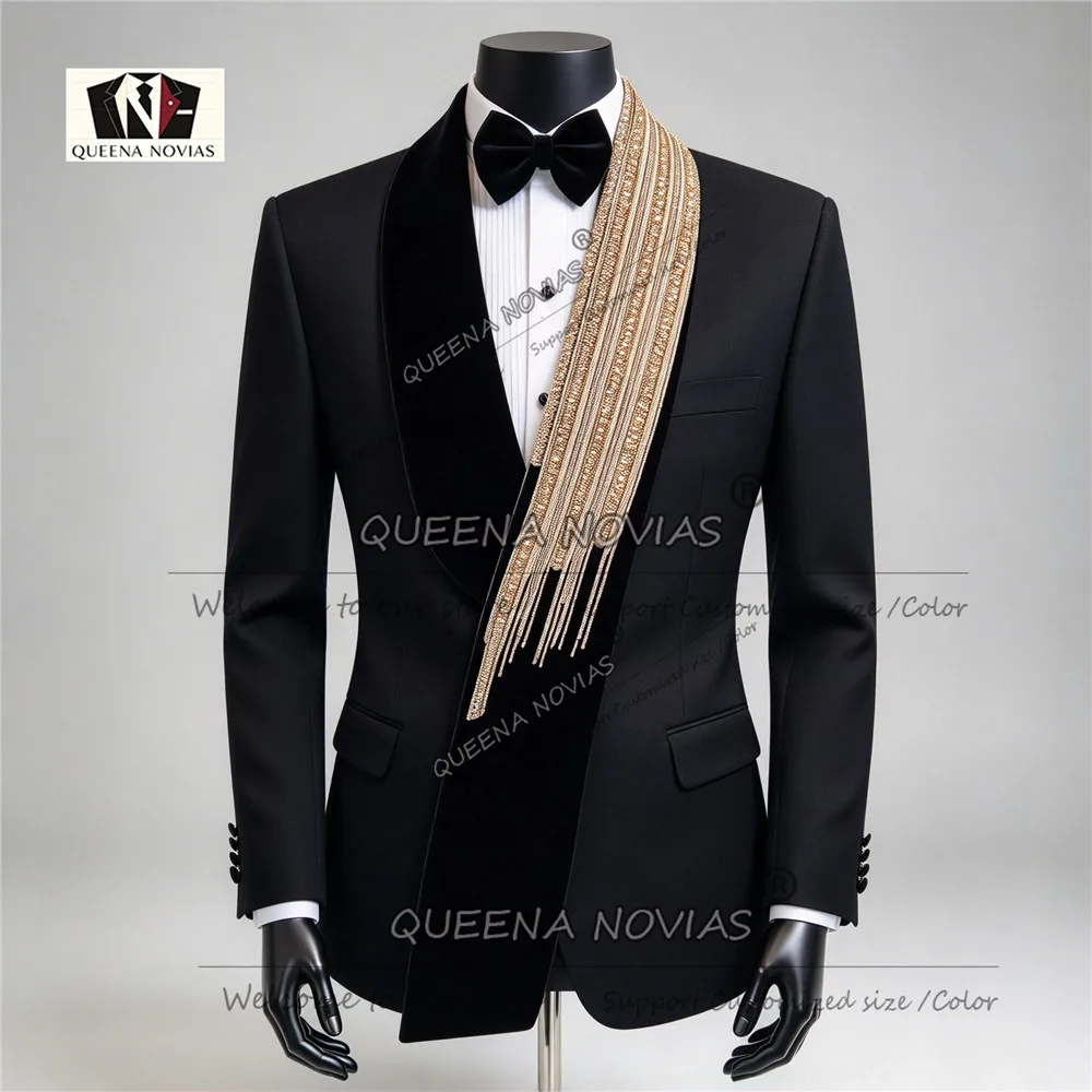 Wedding Guest Tuxedo Suit For Man Luxury Designer Crystals Beaded Velvet Lapel Jacket Pants 2 Piece Groom Attire Costumes Hommes