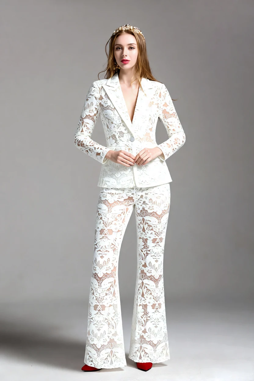 Women's Lace Blazer & Flare Pants 2 Piece Suit Set Elegant Sequined Floral Embroidery Formal Suits for Party, Wedding, Event