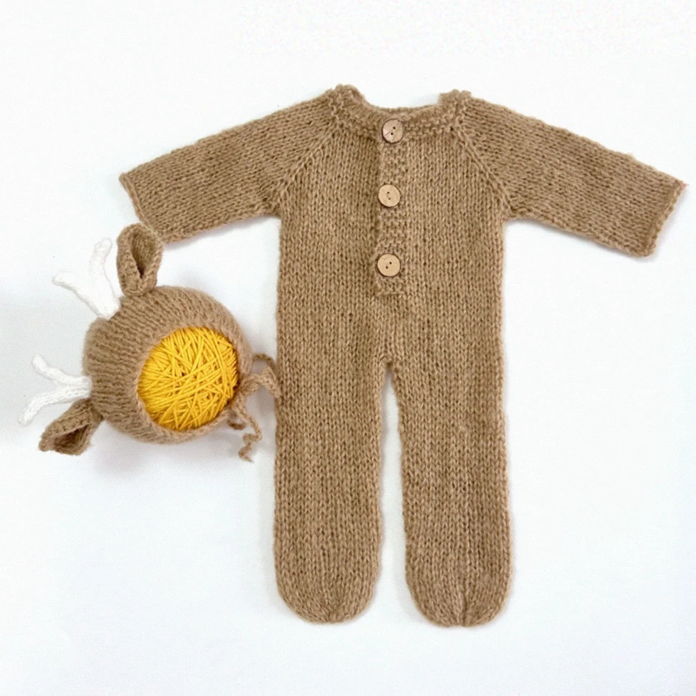 Newborn Photography Outfit Baby Deer Knit Romper Antler Hat Set Soft Infant Photo Props Newborn Photo Costume Clothing Set