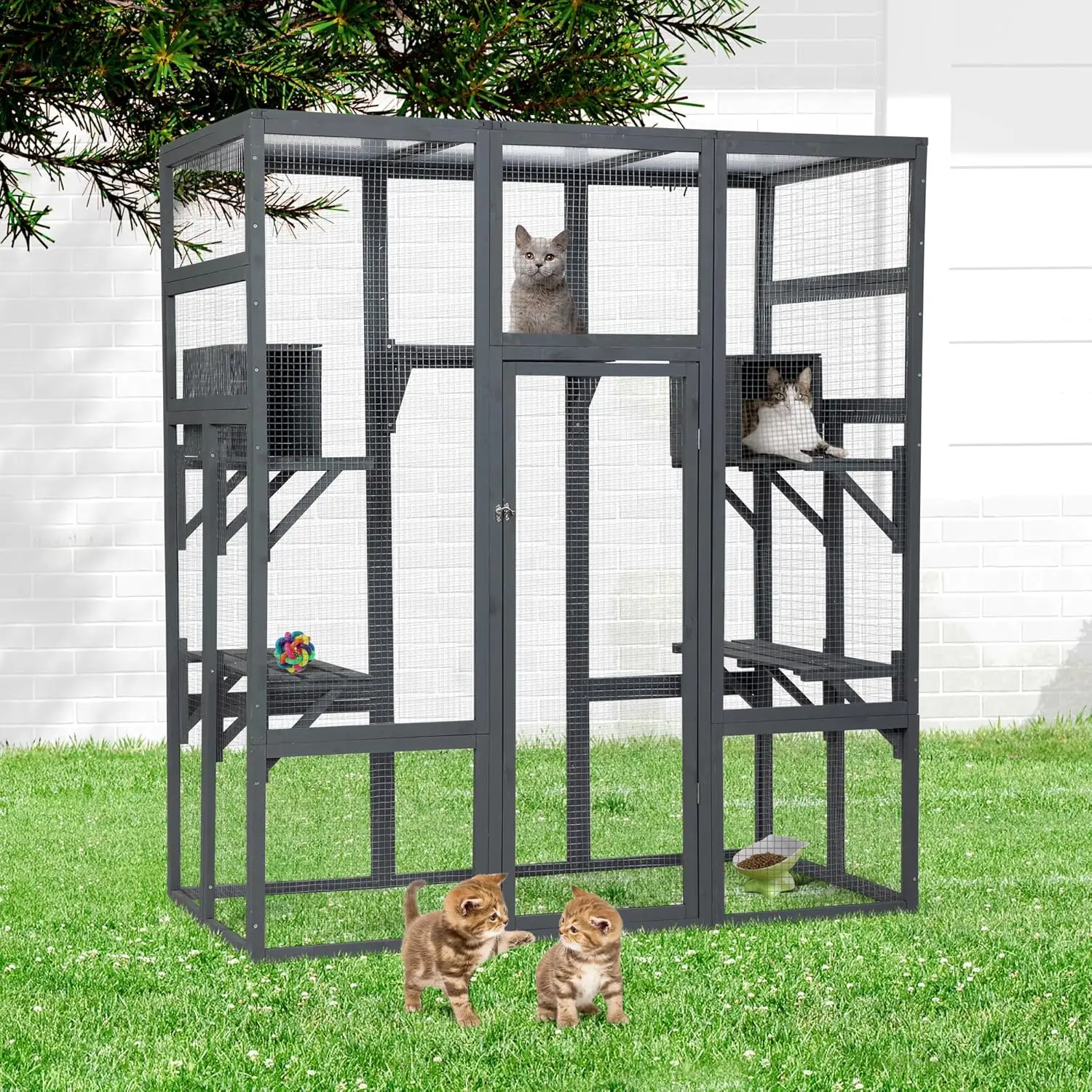 

Large Stylish Wooden Catio Outdoor Cat Enclosure Cat Cage & Run Enclosures Indoor Kitty Window Catio with Waterproof Roof,