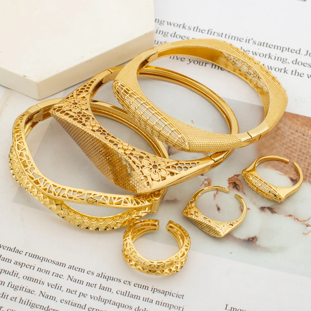 Nigerian Gold Color Bangle Ring Jewelry Set for Party Hollow Out Design Hand Bangle and Finger Ring 2Pcs Set for Engagement Gift