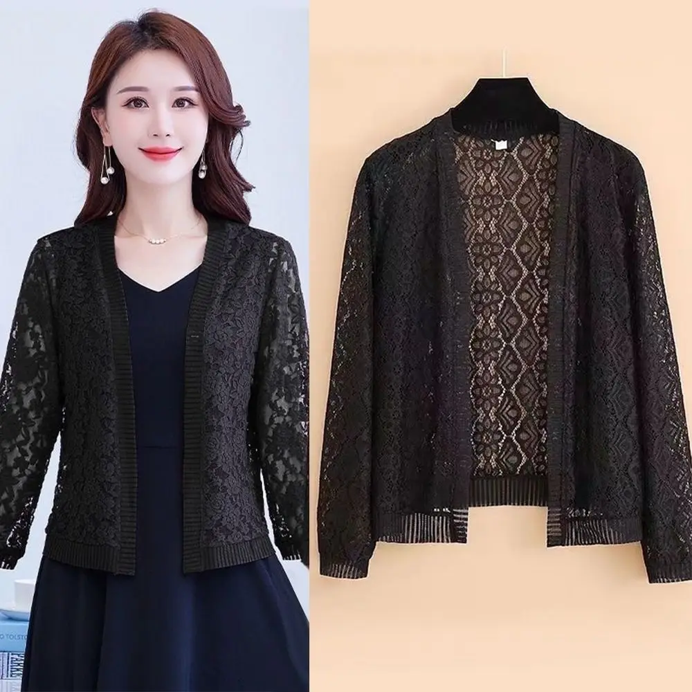 Thin Tie Up Summer Women's Cardigan Breathable Beach Air-Conditioning Shirt Floral Lace Mesh Shawl for Women