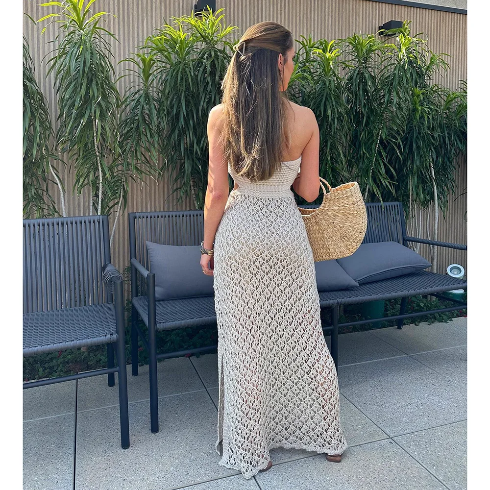 2024 Crochet Cover Up Beach Knitted Mesh Sexy Bandeau Maxi Dress Women Summer Dress Solid Bikinis Cover-ups Halter Beachwer