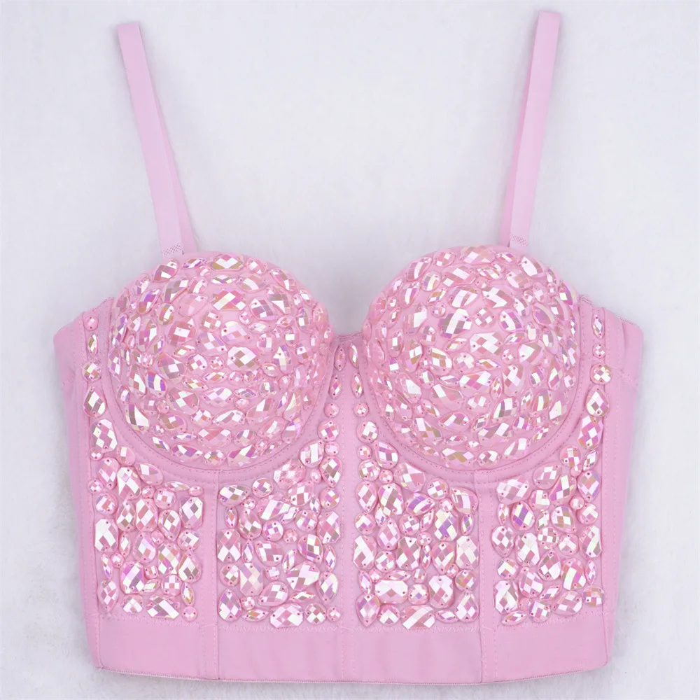 

Nightclub Sexy American Pink Acrylic Sling with Steel Ring Body Shaping Fishbone Tube Top Annual Meeting Stage Hot Girl