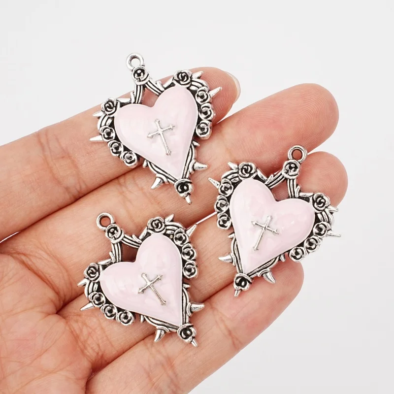 5Pcs Gothic Pink Imitation Enamel Thorn Rose Heart Cross Pendant Necklace Earrings Bracelet Jewelry Making Supplies