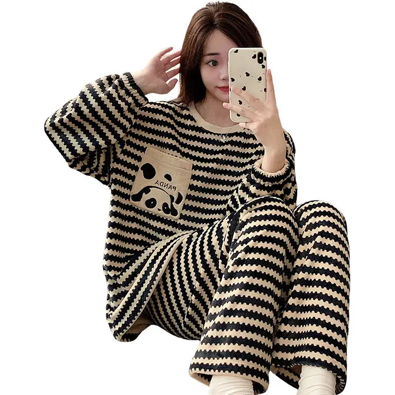 Flannel Pyjamas Female Winter Thick Stripes Warm Cartoon Students Cute Dormitory Wearing Home Clothes Two Piece Set Sleepwear