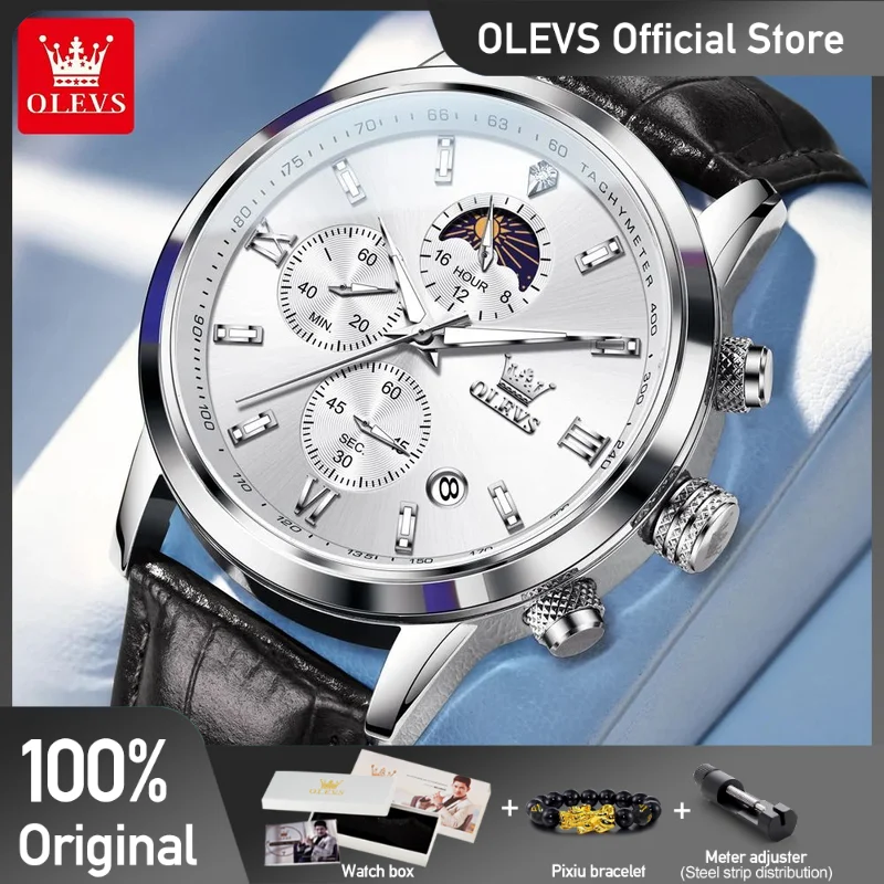 OLEVS 9812 reloj para hombre nuevo reloj de cuarzo cómodo Original correa de cuero impermeable fase lunar luminosa reloj automático con fecha