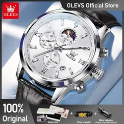 OLEVS 9812 Mens Watch New Original Comfortable Quartz Watch Leather Strap Waterproof Luminous Moon Phase Automatic Date Watch