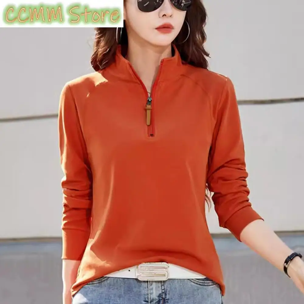 Orange pure cotton long sleeved t-shirt for women's spring and autumn new style zipper fashionable lapel casual sports top