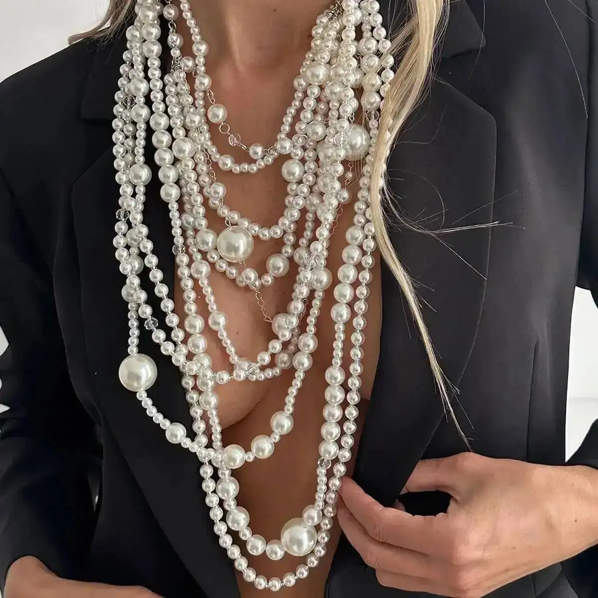 KunJoe Übertriebene mehrschichtige Imitation Perle Halsband Halskette Frauen Luxus Lange Quaste Anhänger Pullover Kette Braut Mi Schmuck – Detail 3