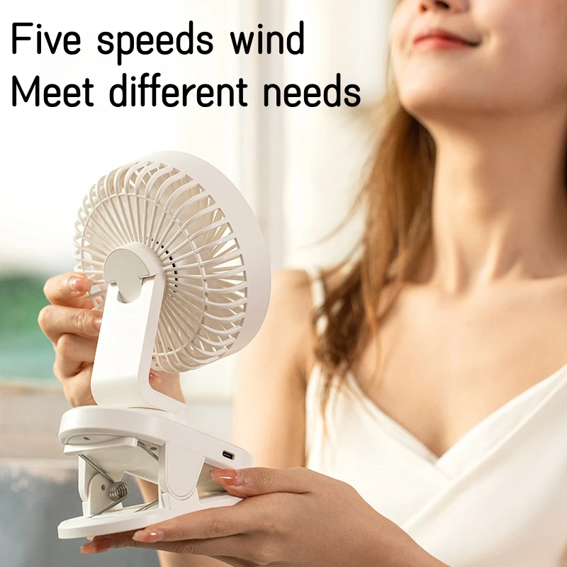 Portable USB Table Fan Clip-on Type 1800mAh Battery Rechargeable Mini Desktop Fan 5 Speeds Adjustable Small Cooling Ventilador