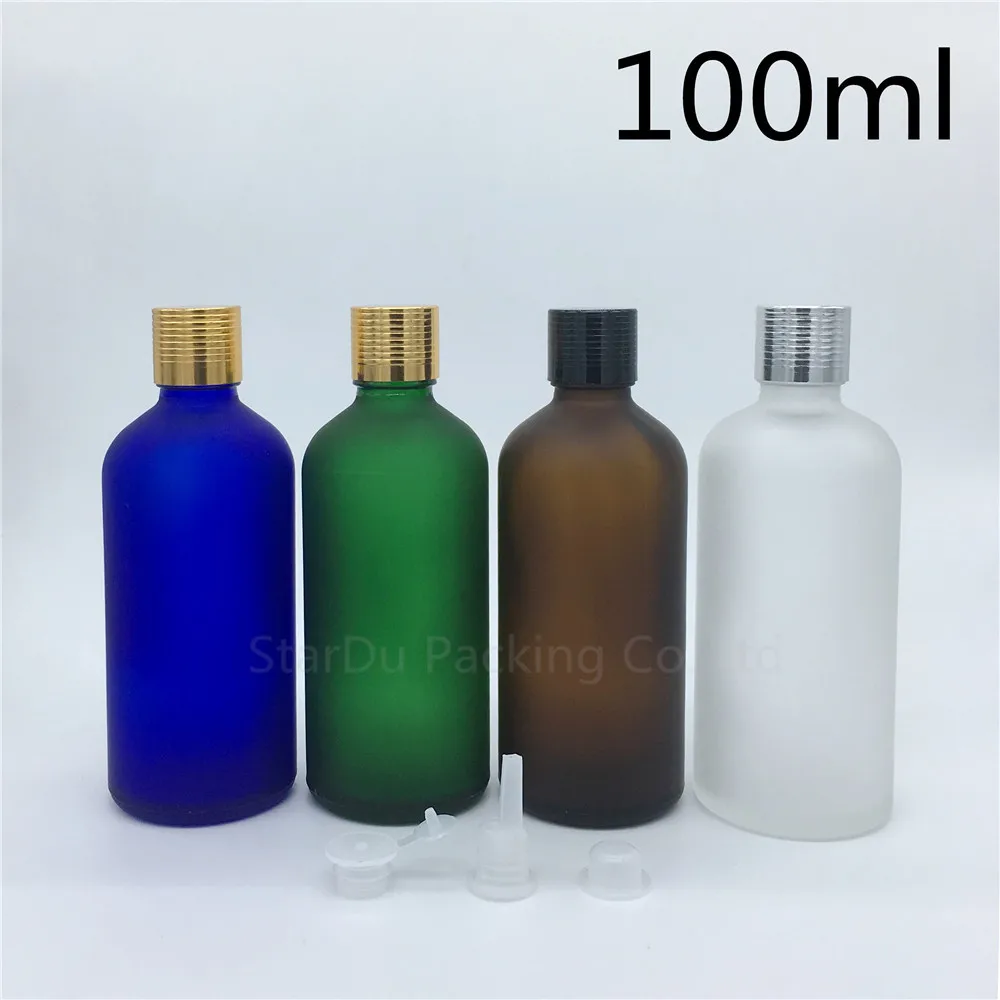 Travel Bottle 100ml Green Blue Amber Transparent Frosted Glass Bottle, 100cc Vials Essential Oil Bottle With Cap 300pcs/lot