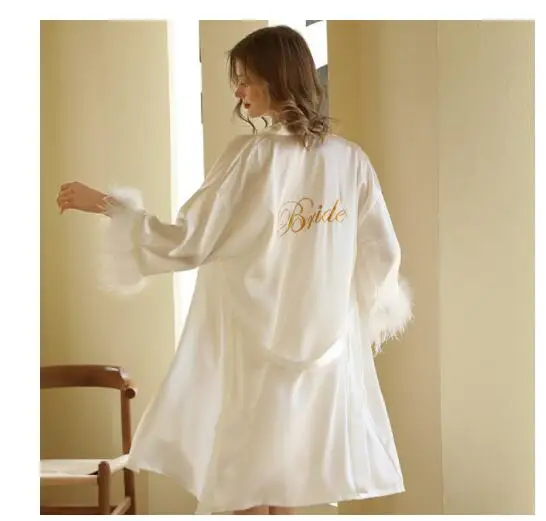 Wedding Party Bride Bridesmaid Robe Embroidery Kimono Female Satin Bathrobe Loose Sleepwear Gown Feather Fashion Home Dress