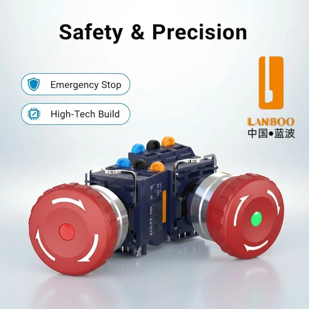 LANBOO 22MM SA1 Series with LED 25A High Current Plastic Mushroom Button Emergency Stop Switch 1NO1NC 2NC Quick Plug