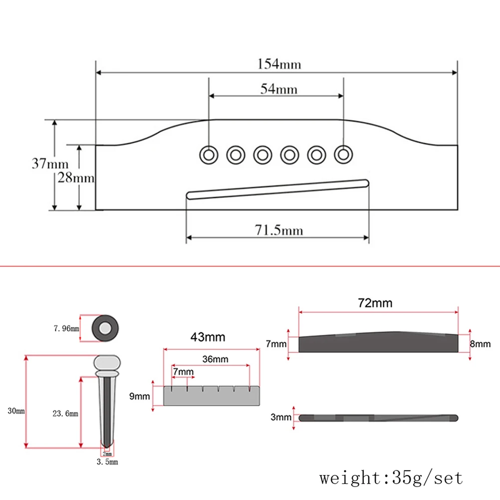 

1Set Wood Bone Bridge for Guitar Rosewood Acoustic Instrument with Saddle Nut Pins Compact Professional Replacement Parts Kit