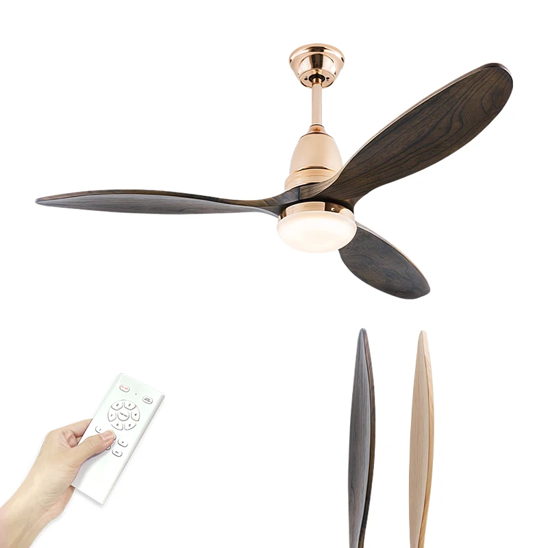 French Gold 52 Inch Wood Ceiling Fan With Lights  And Remote Control Modern Ceiling Light With Fan Wooden Fan Blade