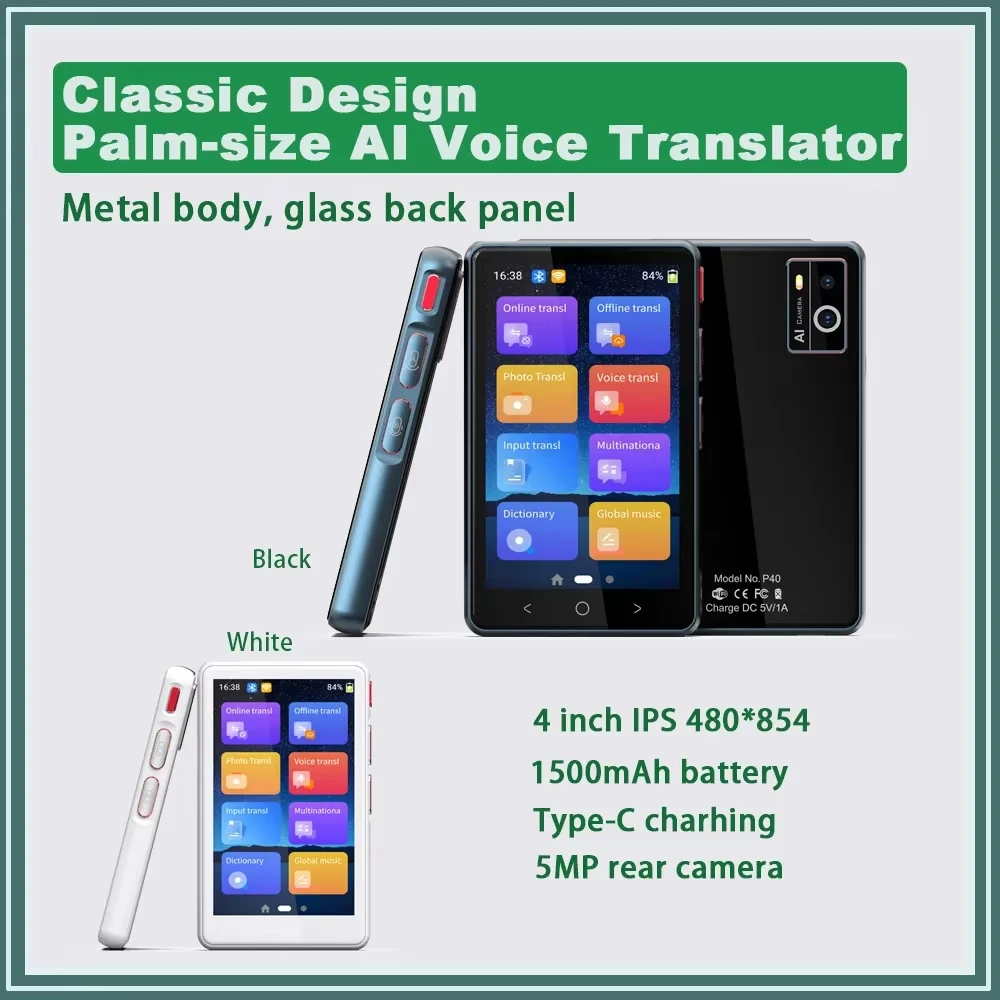 Traductor de idiomas AI P40 Traducción en línea en 135 idiomas Compatible con foto sin conexión Voz BT WIFI Traductores inteligentes en tiempo Real