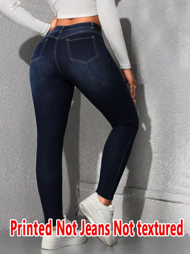 8195 Ladies Non-Leather Denim Fabric Long Pants Spring Summer Autumn Winter Print Base Layer Pants Versatile All-Season Wear