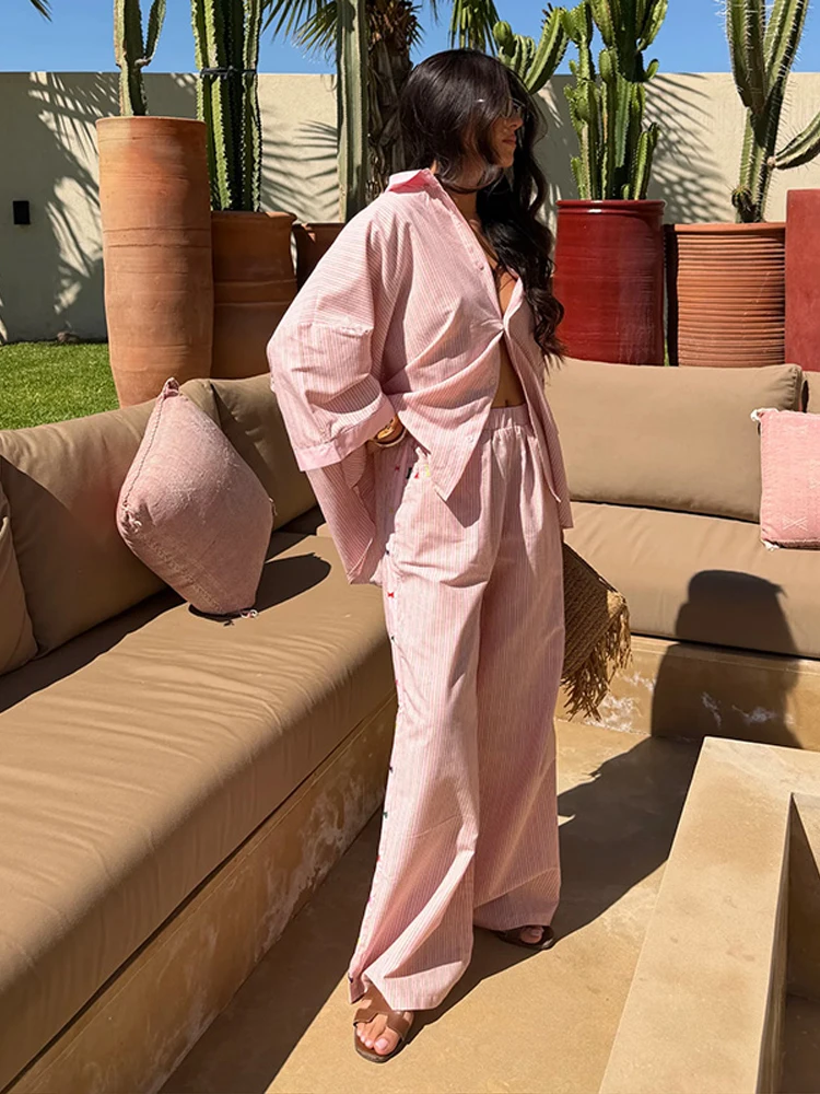 Gestreifte Oversize-Hemd-Hosen-Kombination für Damen, Lässiges Langarm-Oberteil mit Einzelknopfleiste, Weite Hosen, Schicke Damen-Sets – Detail 1