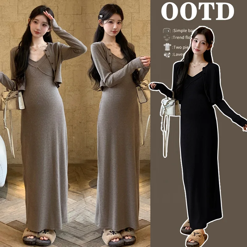 Maternity Suit Spring Autumn French Style Elegant Long Spaghetti Strap Dress And Knitted Cardigan Two Piece Set For Pregnancy