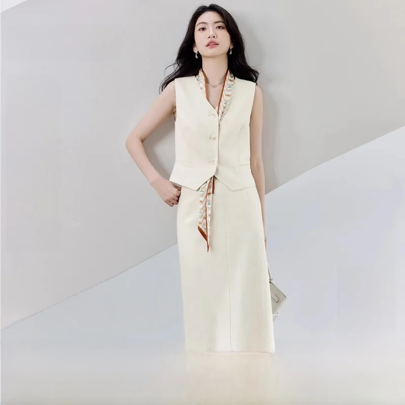 

Linen Blend Commute Suit Set Women's Short V-neck Jacket Elastic Waist Straight Cut Skirt Fashionable Two-piece Workwear