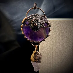 YEEVAA 1pc Disc Lion Head Amethyst Natural Stone Necklace, Crystal Pendant Quartz Jewelry Necklace