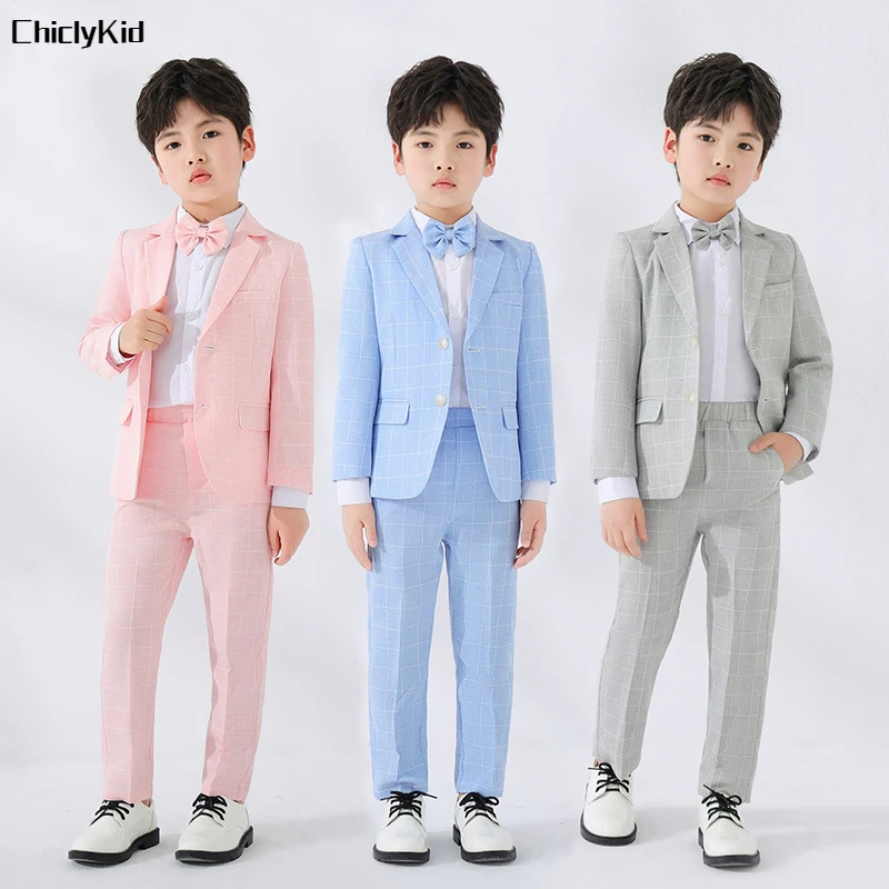 Kids Candy Color Plaid Suits Jacket Pants Toddler Blazer Tuxedos Boys Formal Dress Child Wedding Party Gentlemen Clothes Sets